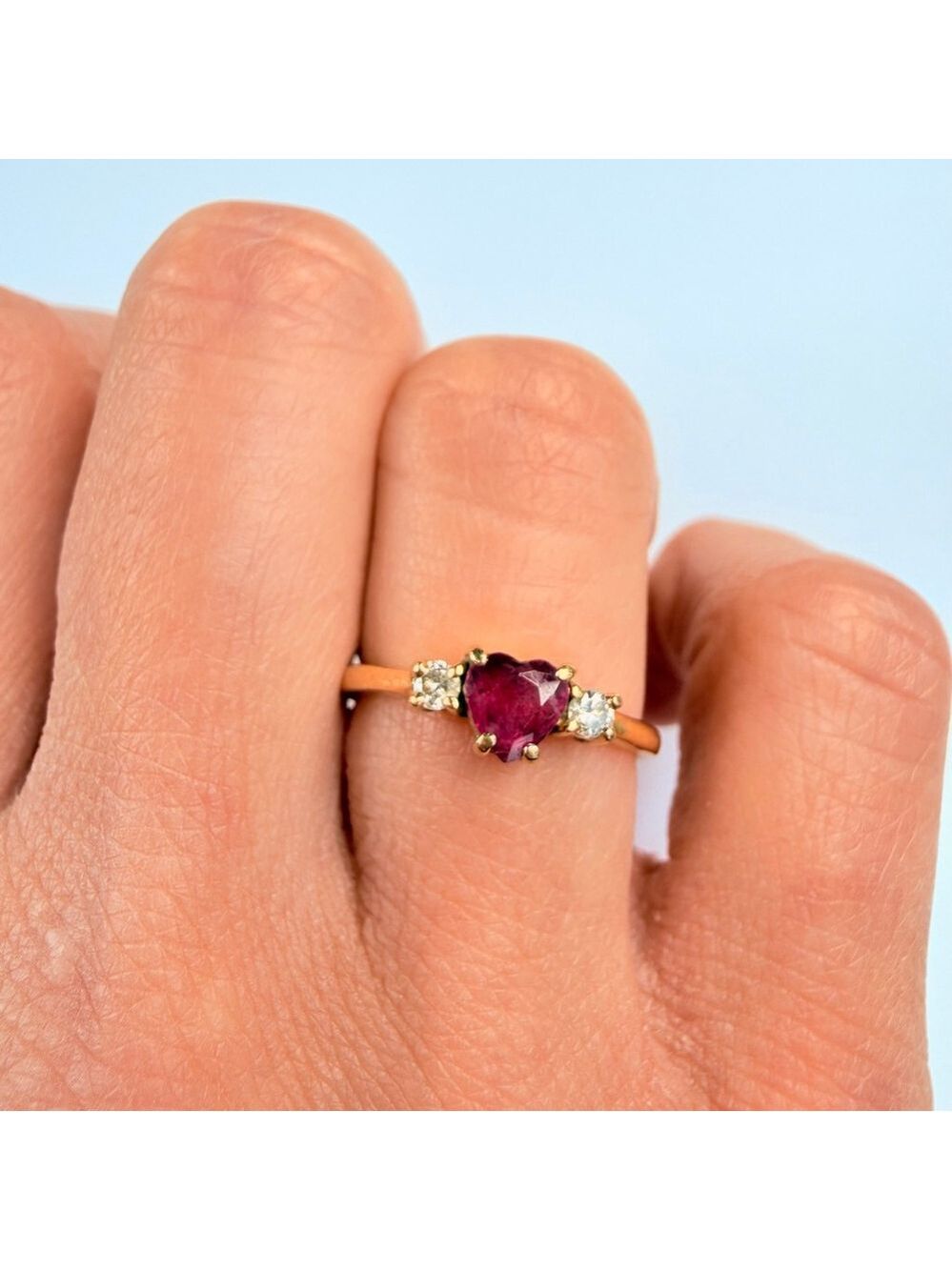 14K Solid Yellow Gold Red Genuine Ruby Heart & Diamond Vintage Ring - Picture 8 of 10